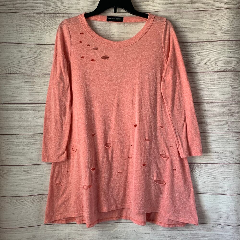 Miracle Berry Heathered Coral Pink Tunic Top Distressed Holes and Back Cutout